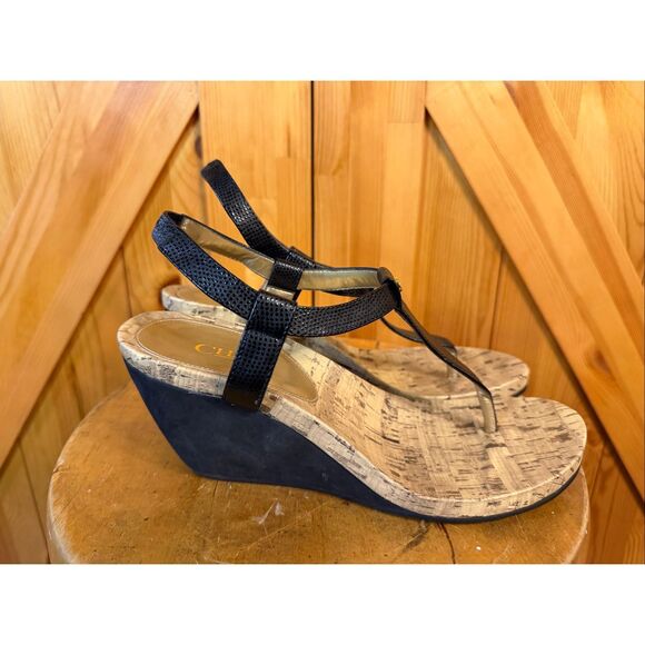 Chaps Shoes - Chaps Raevyn Black Cork T-Strap Wedge Heel Sandal Size 10B